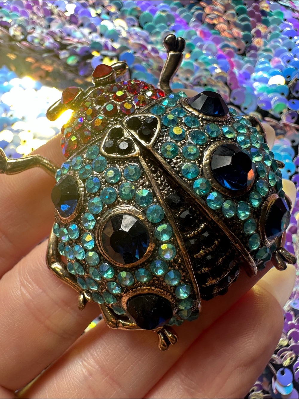 Gold Tone Iridescent Jeweled Beetle Brooch - Picture 15 of 17